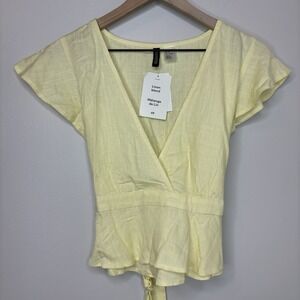 H&M Linen Blend Blouse Babydoll Tie Loose Top Yellow Medium Fairy Dainty Light